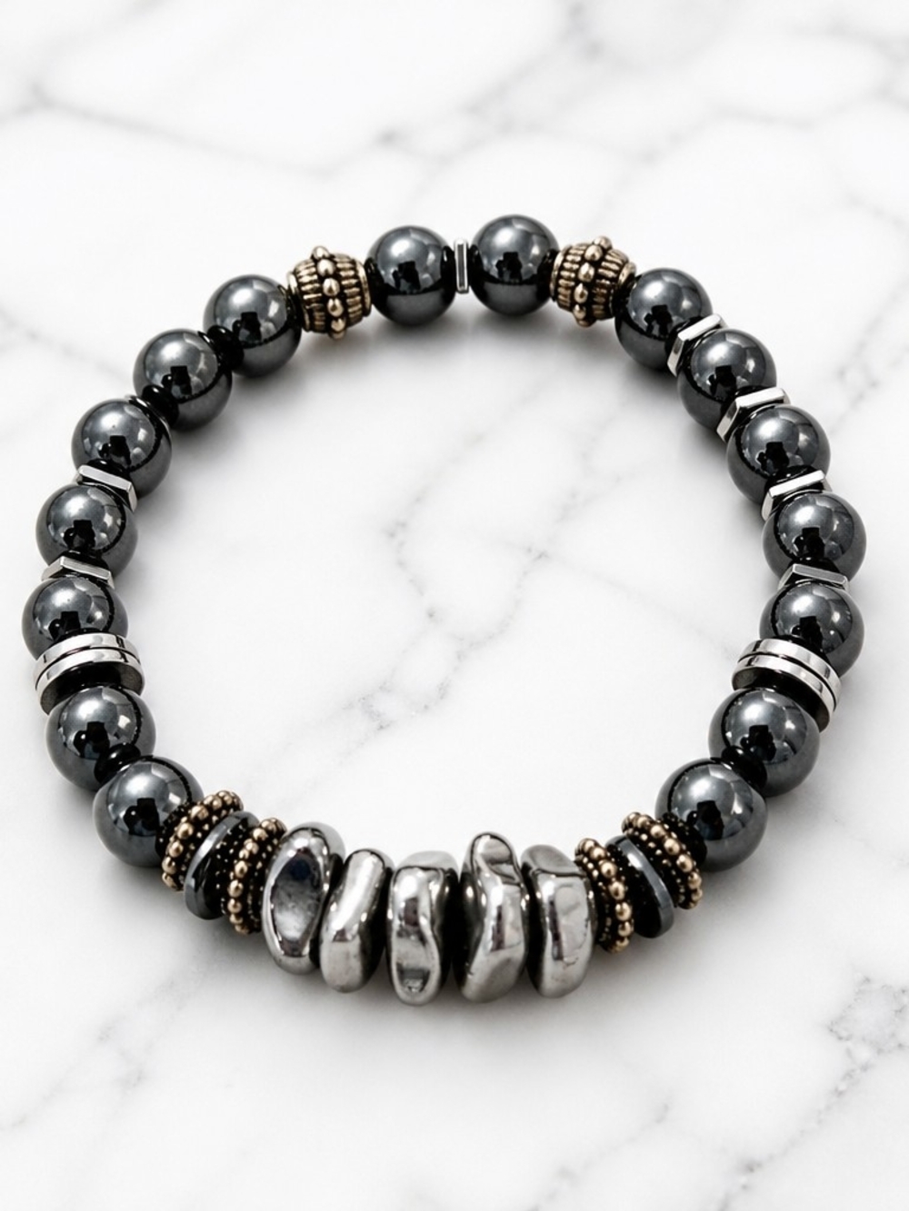 Hematite Beaded Stretch Bracelet with Silver Accents